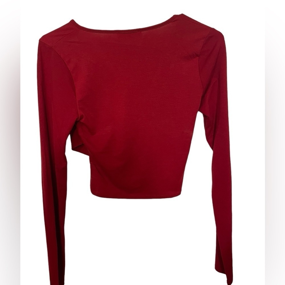 Zenana Long Sleeve Crop Top womens medium Burgundy V-neck Wrap CrissCross Casual - Picture 4 of 4
